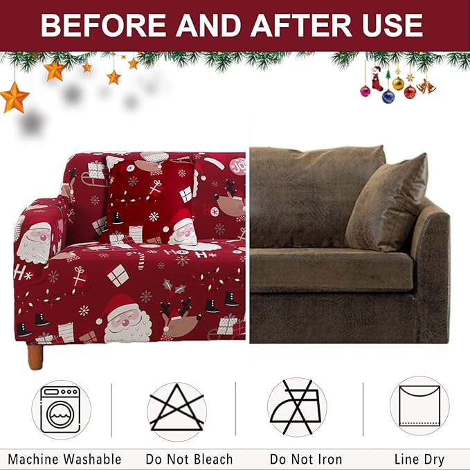 Mybedsoul Christmas Sofa Cover Santa Claus Printed Sofa Couch Cover Washable Furniture Protector with Elastic Bottom Xmas Home Room Festival Decoration(3 Seater) Mybedsoul