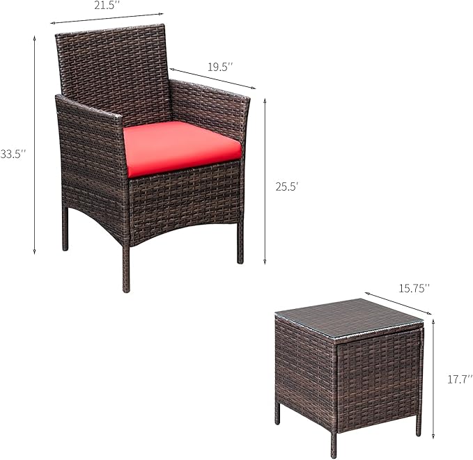 Greesum 3 Pieces Patio Furniture Sets Outdoor PE Rattan Wicker Chairs with Soft Cushion and Glass Coffee Table for Garden Backyard Porch Poolside, Brown and Red - LeafyLoom