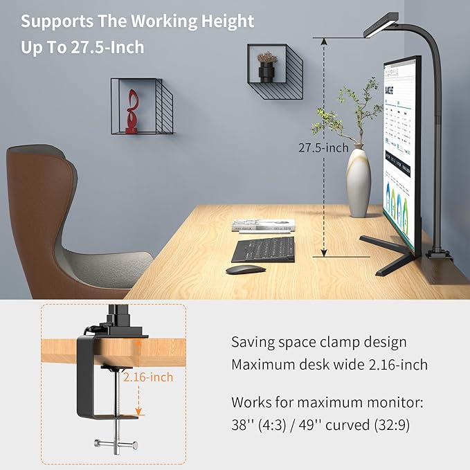 EppieBasic LED Desk Lamp,Architect Clamp Desk Lamps for Home Office,24W Brightest Led Workbench Office Lighting-6 Color Modes and Stepless Dimming Modern Desk Lamp for Monitor Studio Reading - LeafyLoom