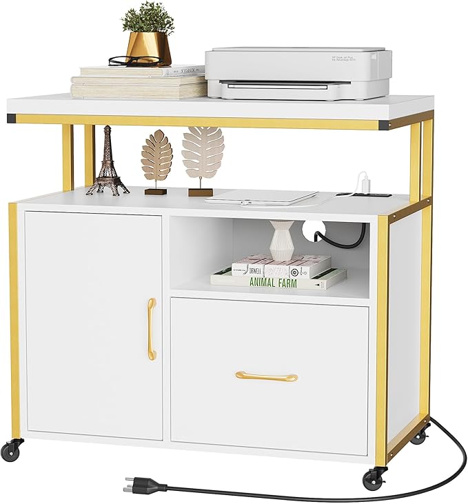 YITAHOME Wood File Cabinet with Charging Station, Rolling Filing Cabinet Cart with Door, Industrial Nightstand with Printer Shelf for Home Office, Bedroom, Living Room, Entryway, Gold and White - LeafyLoom