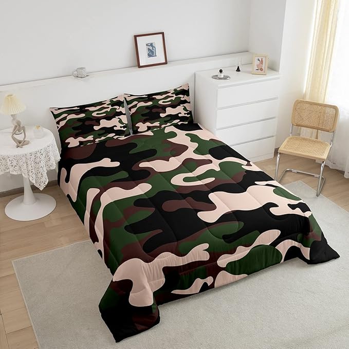 Feelyou Full Size Camouflage Comforter Set 3Pcs Kids Bedding Set for Boys Girls Teens 1 Comforter & 2 Pillowcases(Full,Army Green) - LeafyLoom