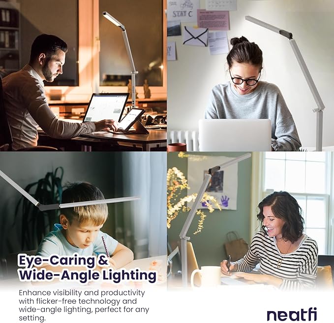 Neatfi LED Desk Lamp with Clamp, Touch & Remote Controlled, Stepless Dimming, 3 Color Modes, 3000-6000K, Detachable Shade, Flicker-Free, 360° Rotation, Wide Angle Lighting (Modern, Silver) - LeafyLoom