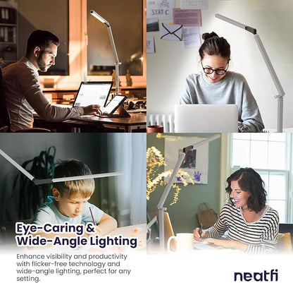 Neatfi LED Desk Lamp with Clamp, Touch & Remote Controlled, Stepless Dimming, 3 Color Modes, 3000-6000K, Detachable Shade, Flicker-Free, 360° Rotation, Wide Angle Lighting (Modern, Silver) - LeafyLoom