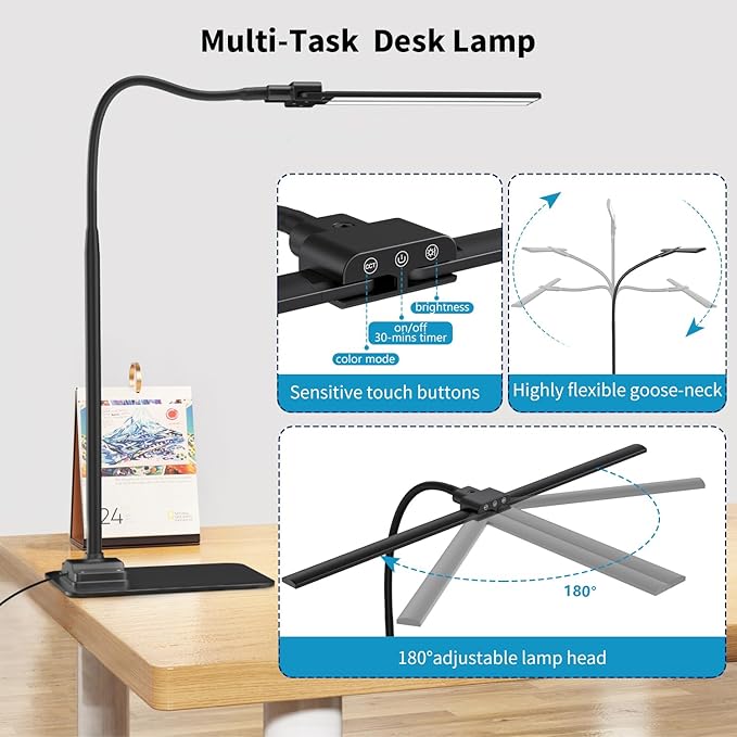 KableRika Desk Lamp Double Light: Bright Led Desk Lights for Home Office - Eye Care Reading Table lamps with Base - Dimmable Desktop lighting for Computer Monitor Study Drafting - LeafyLoom