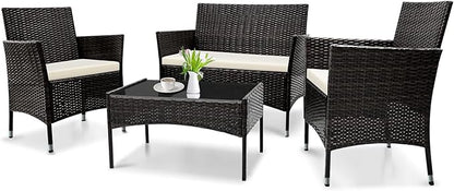 Patio Furniture, 4 Piece Conversation Set, Outdoor Wicker Rattan Table and Chairs, Sectional Sofa with Thick Cushion for Garden, Yard, or Porch, Dark Black - LeafyLoom