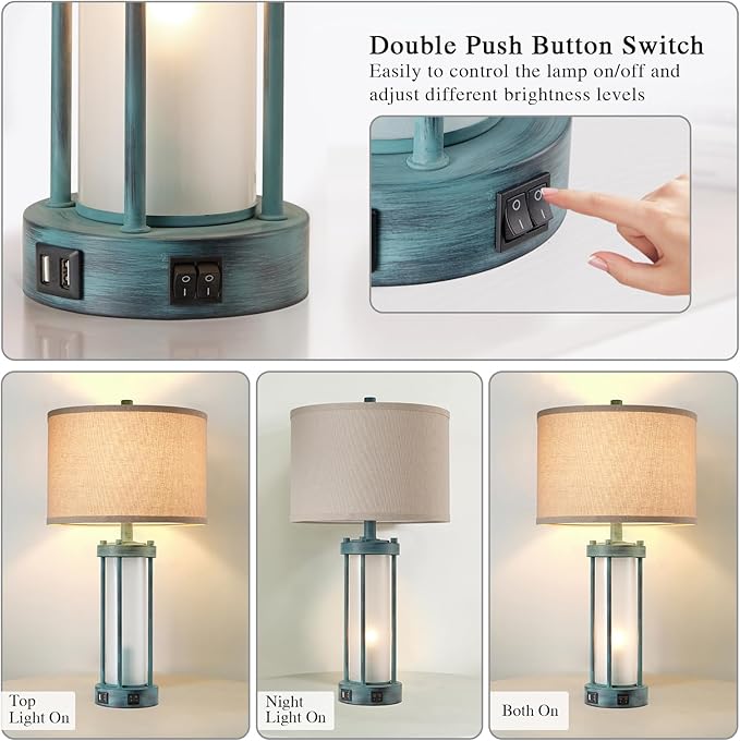 Set of 2 Rustic Table Lamps for Living Room with 2 USB Ports, Farmhouse Vintage Nightstand Lamp with White Glass Nightlight, Retro Desk Lamps for Bedroom End Table (Retro Green) - LeafyLoom