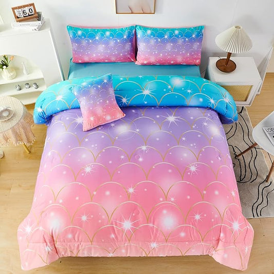 PERFEMET Mermaid Comforter Set for Girls 6 Pieces Rainbow Glitter Twin Size Kids Bedding Set Purple Pink Ombre Mermaid Scale Print Bed in A Bag Comforter Set with Sheets - LeafyLoom