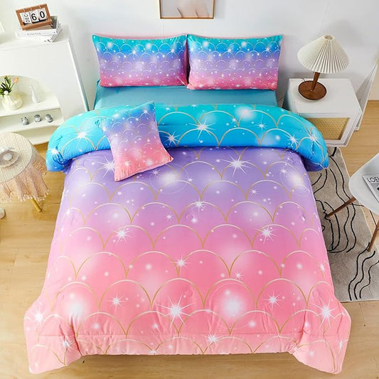 PERFEMET Pink Purple Mermaid Comforter Queen Size 6 Pieces Girls Bedding Set Colorful Rainbow Ombre Bed in A Bag Mermaid Scale Print Queen Comforter Set with Sheets - LeafyLoom