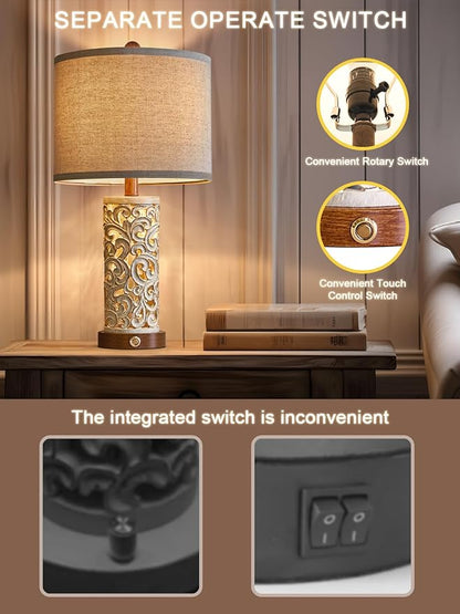 OYEARS 3-Way Dimmable 22'' USB A+C Touch Control Table Lamp Set of 2 with Nightlight for Living Room Bedroom Farmhouse Bedside Nightstand Lamps (Brown, Bulb Included) - LeafyLoom