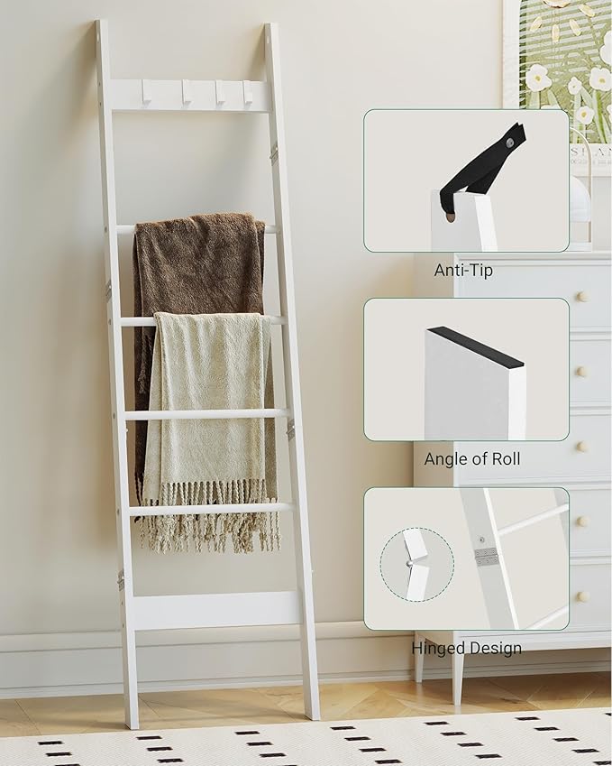 Blanket Ladder Shelf for Living Room, Decorative Wood Quilt Rack with 4 Removable Hooks, 6-Tier Farmhouse Ladder Holder Organizer for Bedroom, White BR31513W - LeafyLoom