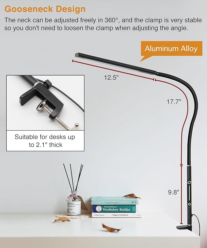 LED Desk Lamp for Office Home, Remote Control Desk Light with Stepless Dimming Adjustable Flexible Gooseneck,Eye-caring Clip on Table Lamp with 4 Color Modes, Workbench Drafting Reading Study bedrooms - LeafyLoom