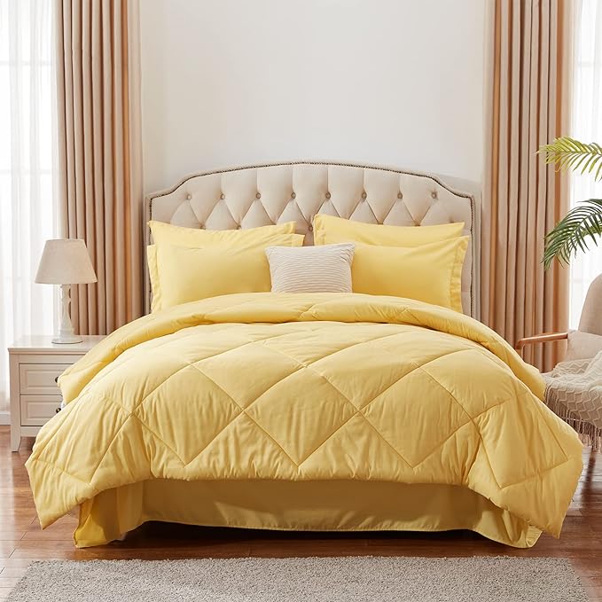 NexHome Yellow King Bed in a Bag 7-Pieces Comforter Sets with Comforter and Sheets Soft All Season Bedding Sets with Comforter, Pillow Shams, Flat Sheet, Fitted Sheet and Pillowcases - LeafyLoom