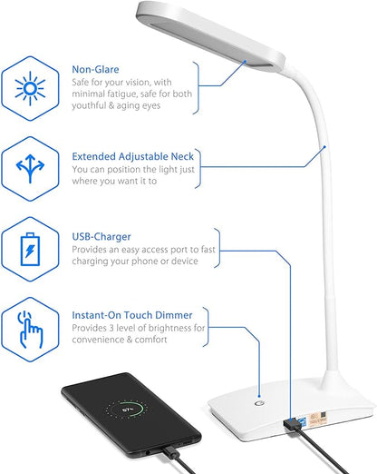 TW Desk Lamps for Home Office - Super Bright Small Desk Lamp with USB Charging Port, a Perfect LED Desk Light as Study Lamp, Bedside Reading Lights, White - LeafyLoom