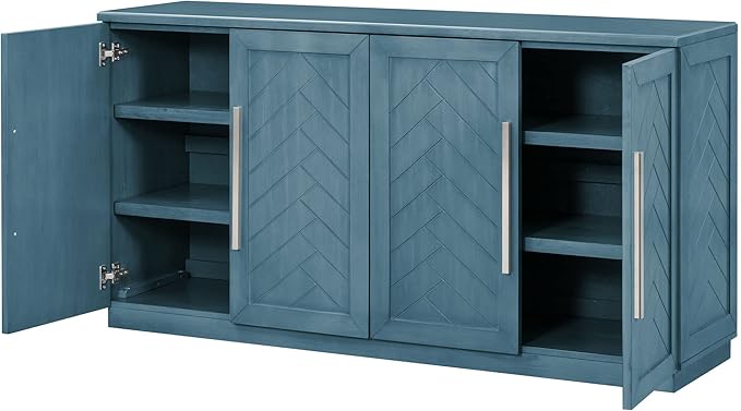 Wooden Sideboard with 4 Doors Large Storage Space,Buffet Cabinet,W/Adjustable Shelves and Silver Handles,Wear-Resistant Performance,for Kitchen,Dining Room,Hallway,Antique Blue, 60" - LeafyLoom