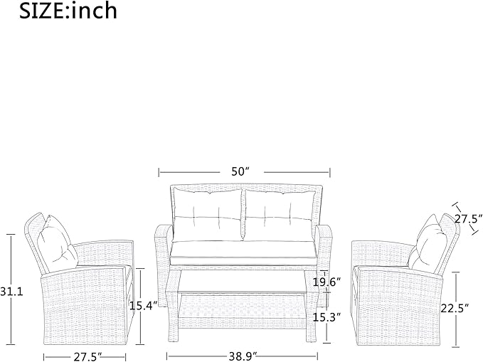 4-Piece Rattan Patio Furniture Sets, All Weather Outdoor Sectional Sofa Loveseat with Ottoman,Soft Cushions&Glass Table w/Shelf, Wicker Conversation Couch for Garden Backyard, Onesize, Gray - LeafyLoom