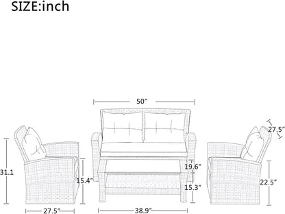 4-Piece Outdoor Patio Furniture Sets, All Weather Wicker Sectional Sofa Loveseat with Ottoman, Soft Cushions&Glass Table w/Shelf, Conversation Couch for Garden Backyard Poolside Deck, Gray - LeafyLoom