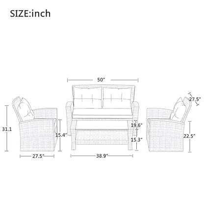 Set, 4 Piece Outdoor Wicker Rattan Sectional Sofa with Glass Table, Ottoman and Soft Cushions, Front Porch Apartment Patio Furniture for Backyard Lawn Garden, Onesize, E-Gray-e - LeafyLoom