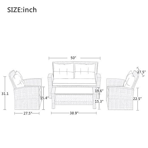 Set, 4 Piece Outdoor Wicker Rattan Sectional Sofa with Glass Table, Ottoman and Soft Cushions, Front Porch Apartment Patio Furniture for Backyard Lawn Garden, E-Beige b - LeafyLoom