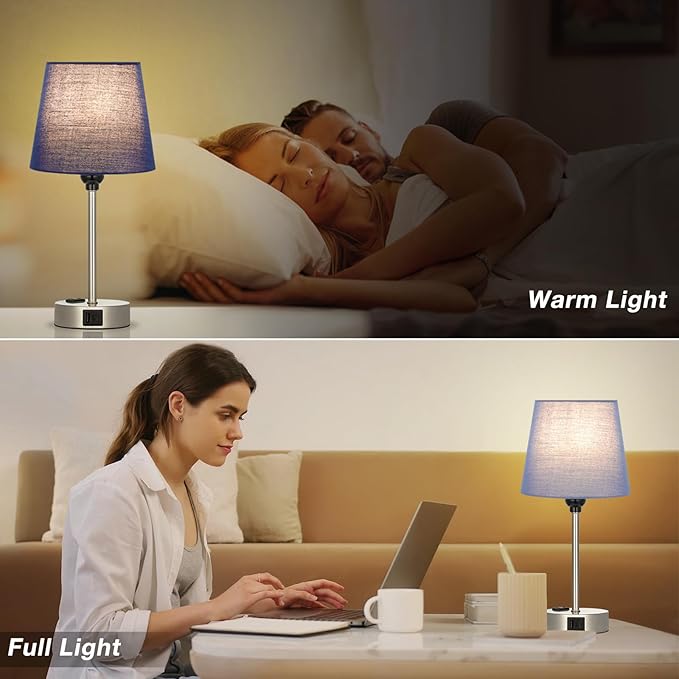 Table Lamps for Bedrooms Set of 2 Bedside - Nightstand Bedroom Lamp with USB C Port and AC Outlet Charging, Dimmable Touch Small End Side Lamp, Blue Night Stand Light for Kid/Guest Room/Living Room - LeafyLoom