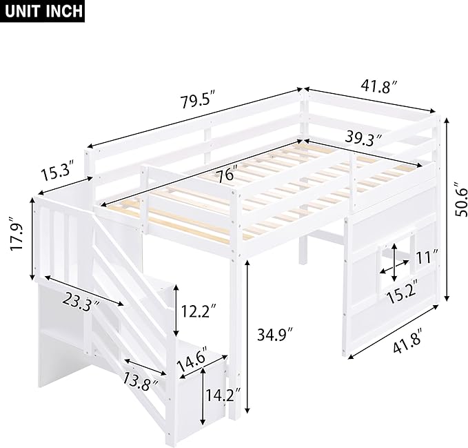 Twin Size Low Loft Bed with Storage Staircase,Kids Loft Bed Twin with Window,Space-Saving Low Loft Bed Frame for for Teens, Boys, Girls,White - LeafyLoom