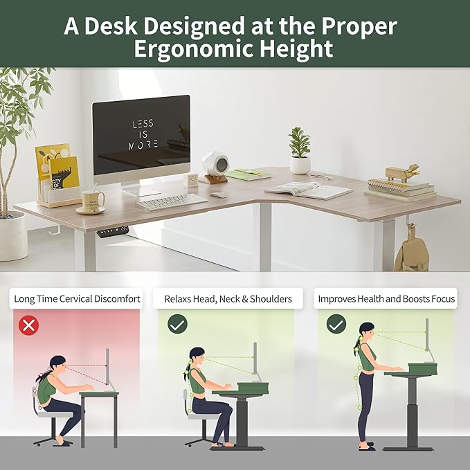 FEZIBO 75 Inches Triple Motor L Shaped Standing Desk Reversible, Electric Height Adjustable Corner Stand up Desk, Sit Stand Desk Computer Workstation, White Frame/Light Walnut Top - LeafyLoom