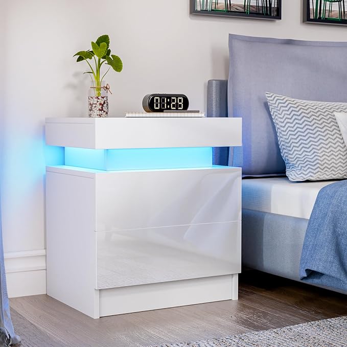 HOMMPA LED Nightstand White Nightstand with Led Lights Modern Night Stand with 2 High Gloss Drawers Led Bedside Table Smart Nightstand for Bedroom 20.5” Tall - LeafyLoom