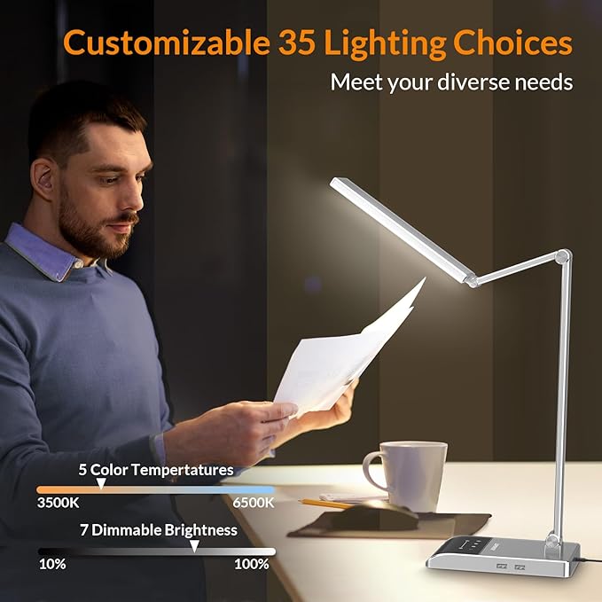 LEPOWER LED Desk Lamp, 750LM for Home Office, 35 Dimmable Lighting Modes, Eye-Caring Desk Light with Dual USB Charging Ports, Touch Reading Lamps with 3 Modes Timer, Bright Table Lamp for Study, Dorm - LeafyLoom