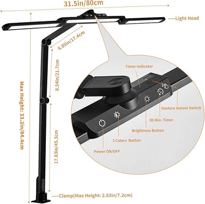 Desk Lamp with Hand-Sweep Sensor Desk Lamps for Home Office Desk Lamp with Clamp with 2 USB C+A Ports 24W LED Desk Light Clip On Desk Lamp with Timer, 3 Colors, 7 Brightness Dimmable Lamp For Desk - LeafyLoom