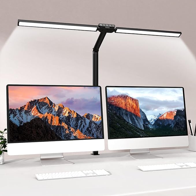 LED Desk Lamp with Clamp, Bravzurg 30.7in 24W Dual Light Source Table Lamps for Home Office with Light Sensor Function, 5 Modes and Dimmable, Eye Protection Clip Light for Study Monitor Studio Reading - LeafyLoom