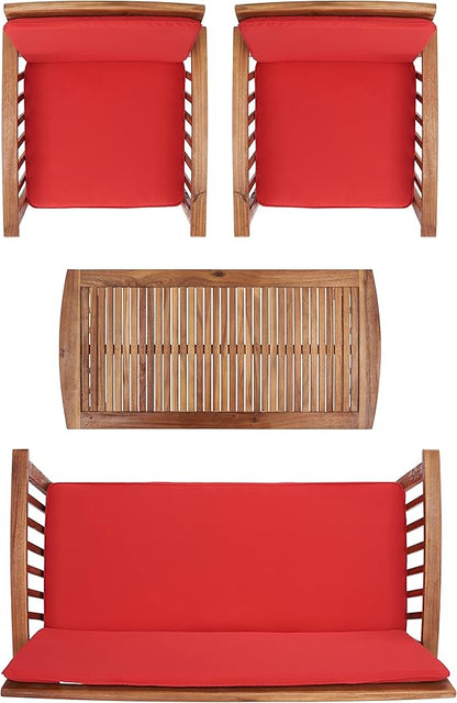 SAFAVIEH Outdoor Collection Rocklin Natural/ Red Cushion 4-Piece Conversation Patio Set - LeafyLoom