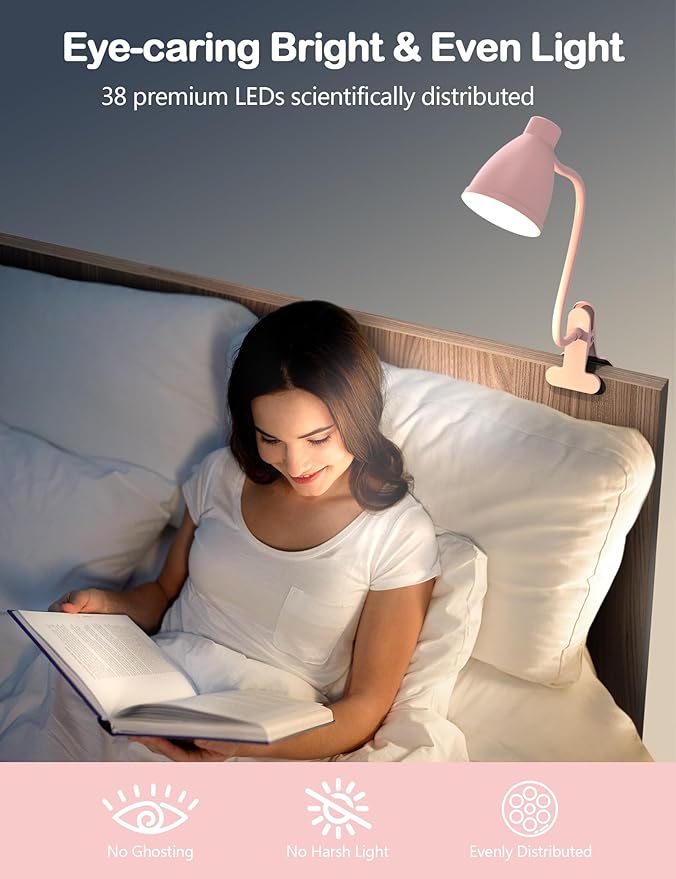 BOHON Cute Desk Lamp with Clamp 10W 38 LED Clip on Light, 3 Color 10 Brightness Auto Off Timer Flexible Gooseneck Pink Lamp Kawaii Accessories Desk Lights for Office Home Bed Bedside Reading, Pink - LeafyLoom