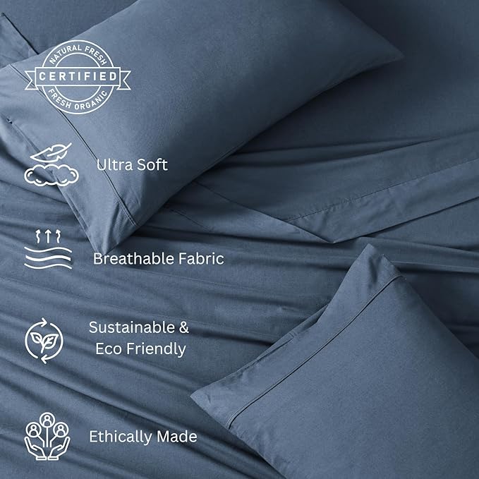 LANE LINEN 100% Organic Cotton Twin XL Sheets Set 3-Piece Pure Percale Extra Long Soft Bedding Breathable Fits Mattress Upto 15" Deep - Navy - LeafyLoom