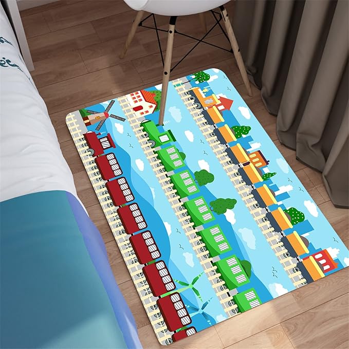 Train Rug Car Rug Play Mat Truck Rugs for Boys Room Kids Car Rug Truck Car Rug Car Carpet for Kids Kids Rugs for Playroom Car Rug for Boys Room,Light Blue 2'×3' - LeafyLoom