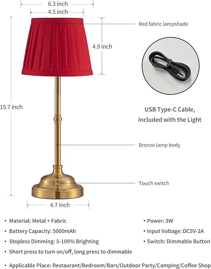 KDG Cordless LED Table Lamp Set of 2, Portables Fabric Shade Desk Lamps, 5000mAh Rechargeable Battery Powered Lighting, Dimmable Light for Dining Room, Bedroom, Bedside, Night Light, Balcony (Red) - LeafyLoom