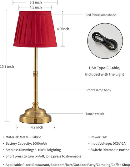 KDG Cordless LED Table Lamp Set of 2, Portables Fabric Shade Desk Lamps, 5000mAh Rechargeable Battery Powered Lighting, Dimmable Light for Dining Room, Bedroom, Bedside, Night Light, Balcony (Red) - LeafyLoom