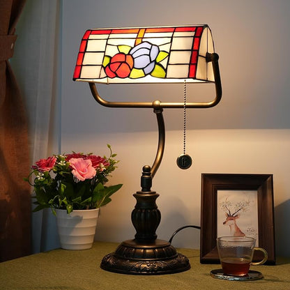 Bankers Lamp,Stained Glass Lamp,Dimmable Vintage Desk Lamp for Home Office Workplace Nightstand Bedroom Library Piano LED Bulb Included (roses) - LeafyLoom