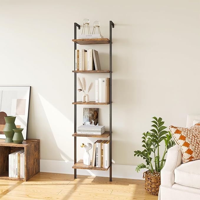 ELYKEN Ladder Shelf, 5-Tier Wood Wall Mounted Bookshelf with Metal Frame, Vintage Open Display Organizer Rack, Leaning Storage Shelves for Living Room, Bedroom, Home Office, Rustic Brown - LeafyLoom