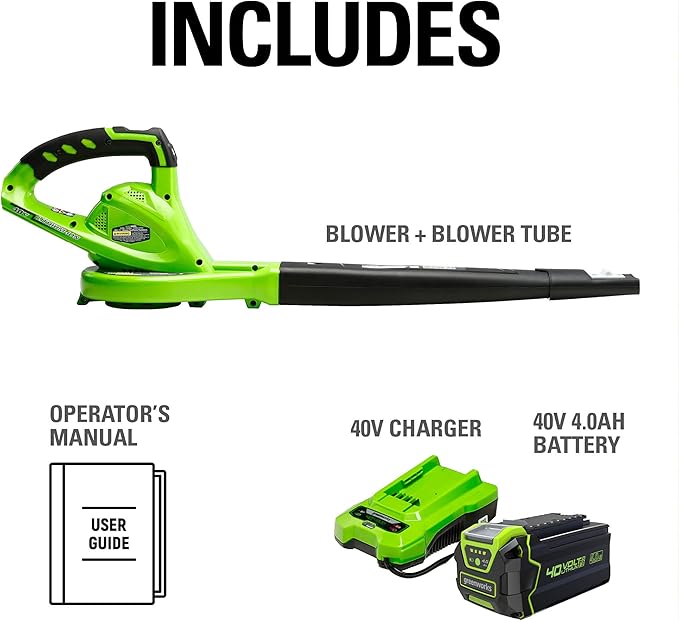 Greenworks 40V (150 MPH / 130 CFM) Cordless Leaf Blower, 4.0Ah Battery and Charger Included - LeafyLoom