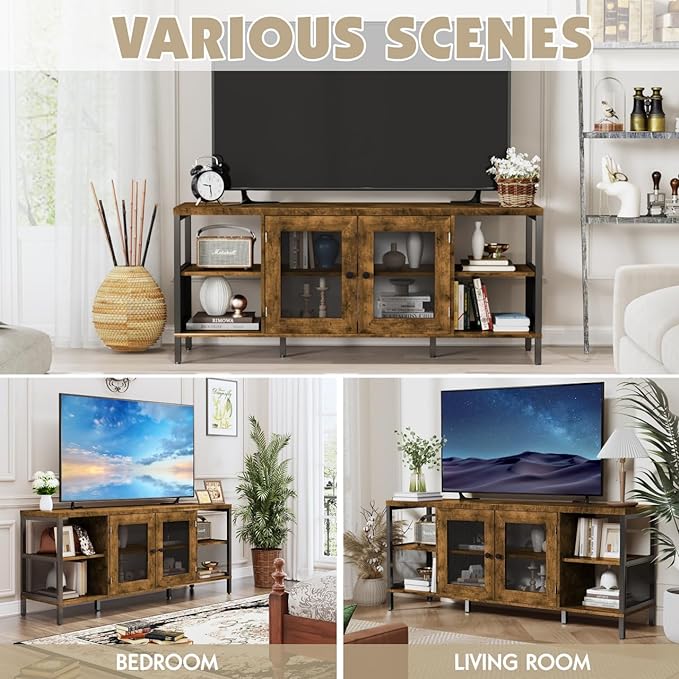 TV Stands for Living Room, Industrial TV Stand for Bedroom Furniture, Farmhouse TV Stand 65 Inch Television Stand with Back Panel, Modern Horizontal Wood and Metal Open Bookshelf, Rustic Brown - LeafyLoom