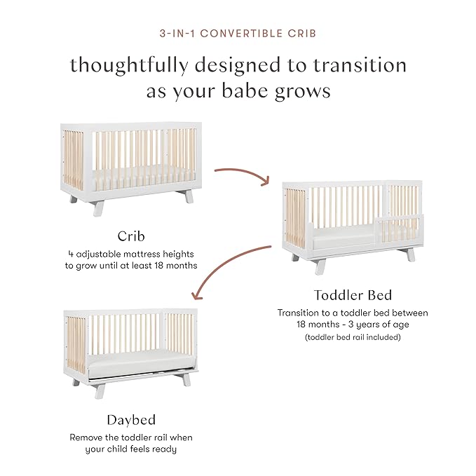 Babyletto Hudson 3-in-1 Convertible Crib with Toddler Bed Conversion Kit in White and Washed Natural, Greenguard Gold Certified - LeafyLoom