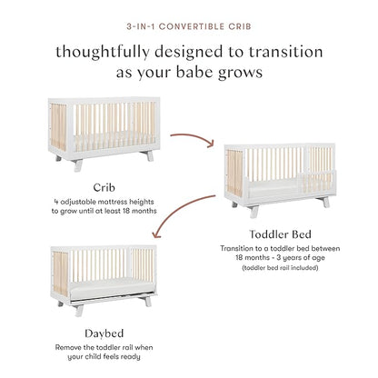 Babyletto Hudson 3-in-1 Convertible Crib with Toddler Bed Conversion Kit in White and Washed Natural, Greenguard Gold Certified - LeafyLoom