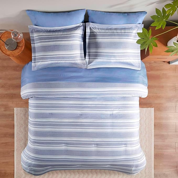 Codi King Size Bedding Comforter Sets with Sheets, Blue White Striped Bed in a Bag Reversible for All Seasons, Modern Cationic Dyeing Bed Sets with 1 Comforter, Sheets, Pillowcases & Shams - LeafyLoom