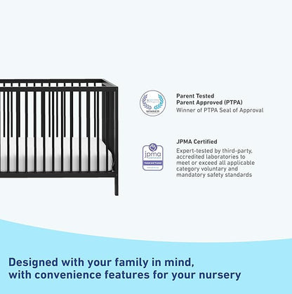 Graco Teddi 5-in-1 Convertible Crib (Black) – GREENGUARD Gold Certified, Converts to Daybed, Toddler & Twin Bed with Headboard and Footboard, Adjustable Mattress Height - LeafyLoom