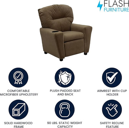 Flash Furniture Chandler Microfiber Kids Recliner with Cup Holder and Safety Recline, Contemporary Reclining Chair for Kids, Supports up to 90 lbs., Brown - LeafyLoom