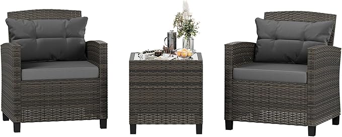 Shintenchi 3 Pieces Patio Furniture Set 3 Pieces PE Rattan Wicker Chairs with Table Outdoor Furniture for Backyard/Garden/Poolside/Outdoor Restaurant Gary Rattan with Gary Cushion - LeafyLoom