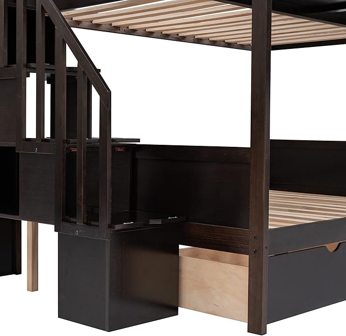 Twin Over Full Bunk Bed with Stairs Storage Function, Shelf and 2 Drawers, Wooden Frame Stairway Bunkbeds for Kids Teens Bedroom, Espresso - LeafyLoom