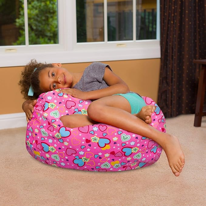 Posh Creations Bean Bag Chair for Kids, Teens, and Adults Includes Removable and Machine Washable Cover, Canvas Multi-Colored Hearts on Pink, 27in - Medium - LeafyLoom