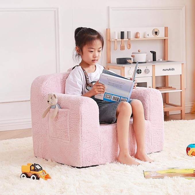 Tiita Toddler Chair Couch, Comfy Fold Out Kids Sofa, Lightweight Children Couch with Carrying Handle & Side Pockets, Kids Foam Armrest Read Sofa for Girl or Boy, Pink - LeafyLoom