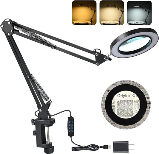 LED Magnifier Desk Lamp with Stand, 3 Color Modes & Stepless Dimming 5-Diopter Glass Lens, Adjustable Swivel Arm - Magnifying lamp for Close Work, Repair, Crafts, Reading - Long - LeafyLoom