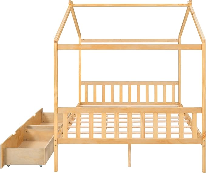 Full Bed Frame with Headboard and Footboard, Low House Bed/Full Bed Frame with Storage Drawer, Wood Bed Frame for Kids, Girls, Boys, Teens, Full Bed Frame Natural - LeafyLoom